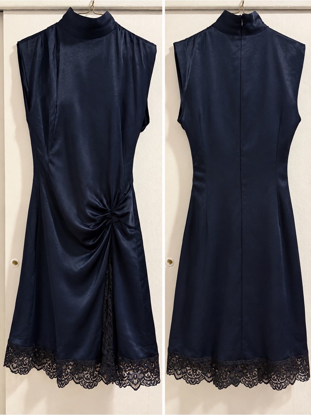 Zara Navy Satin Mini Dress with Black Lace Hem